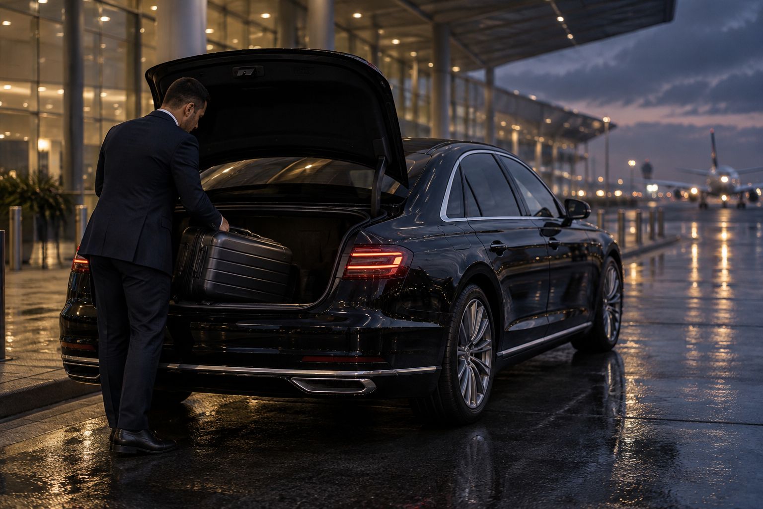 Chauffeur lädt einen Koffer am Flughafen ein