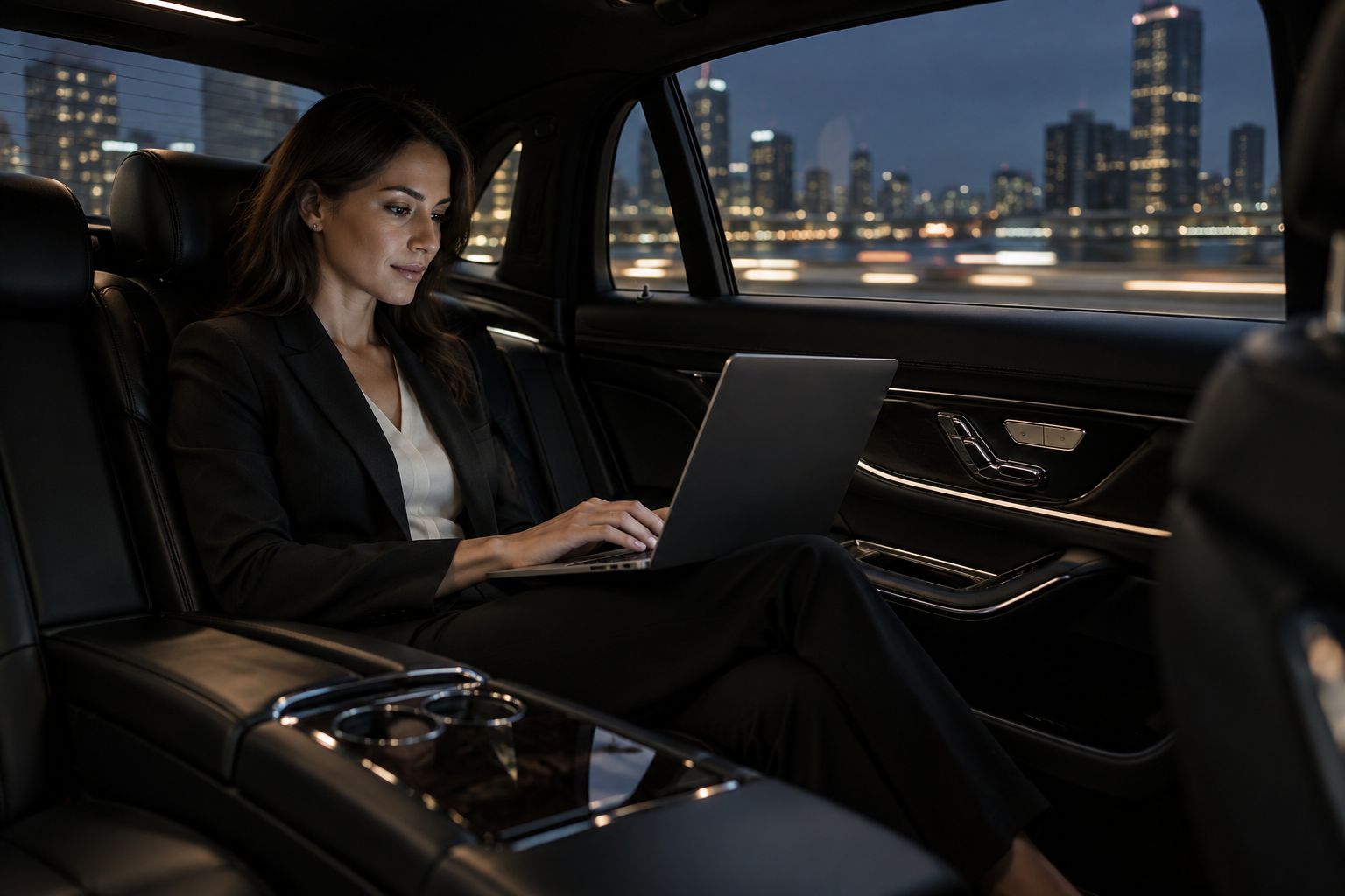 Geschäftsfrau arbeitet im Fond einer Limousine