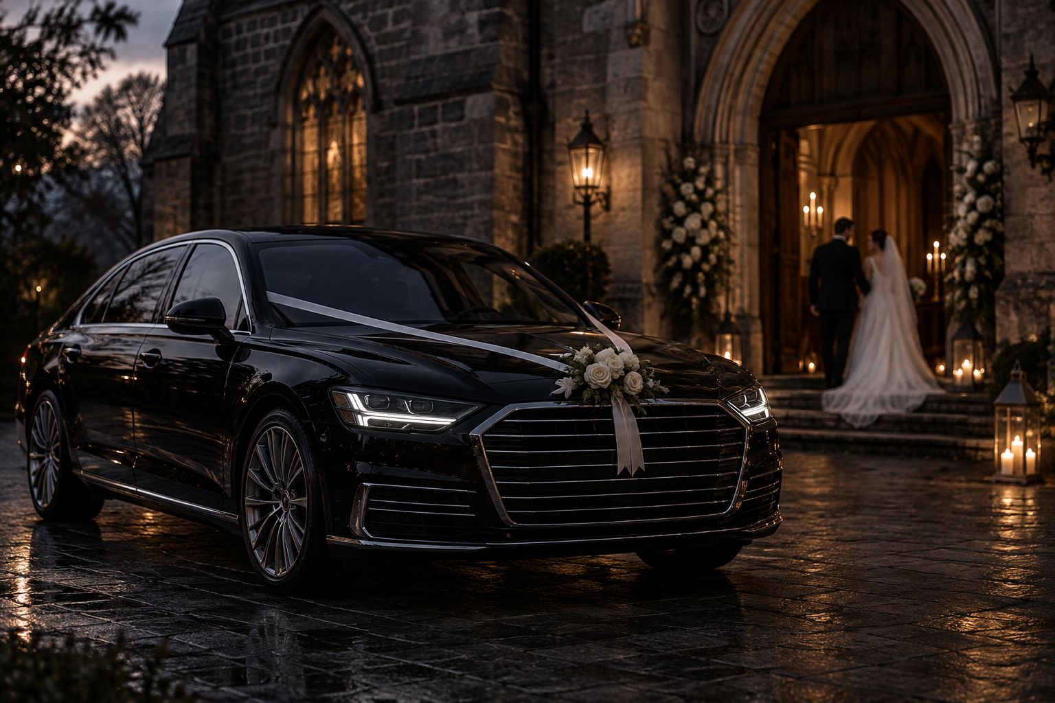 Geschmückte Limousine vor einer Kirche bei einer Hochzeit