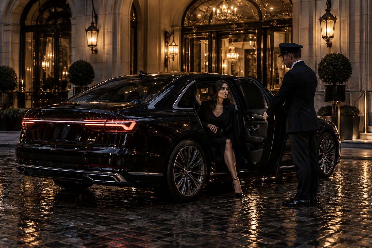 Chauffeur hält die Tür vor einem Grandhotel auf