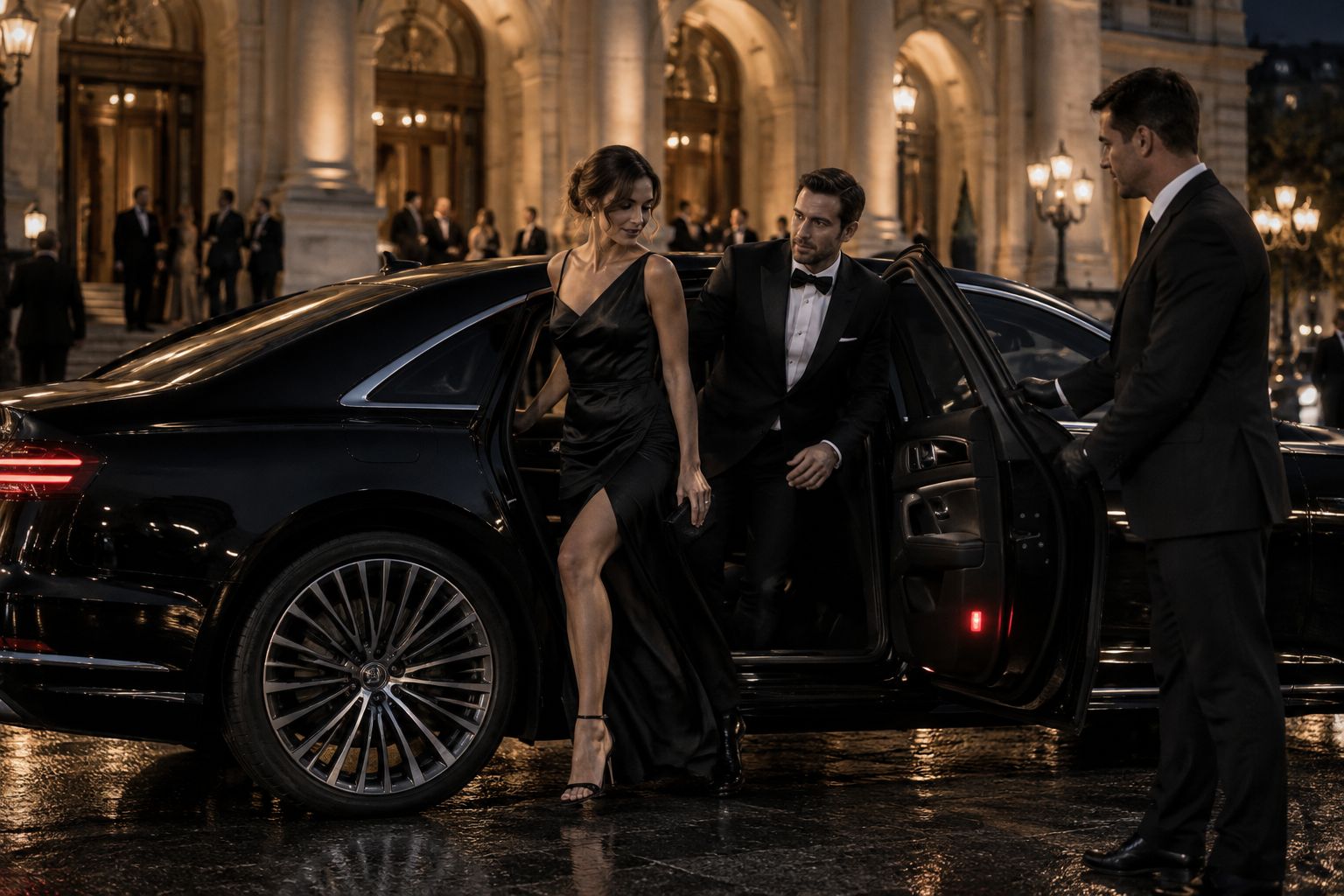 Paar steigt vor einem Theater aus der Limousine