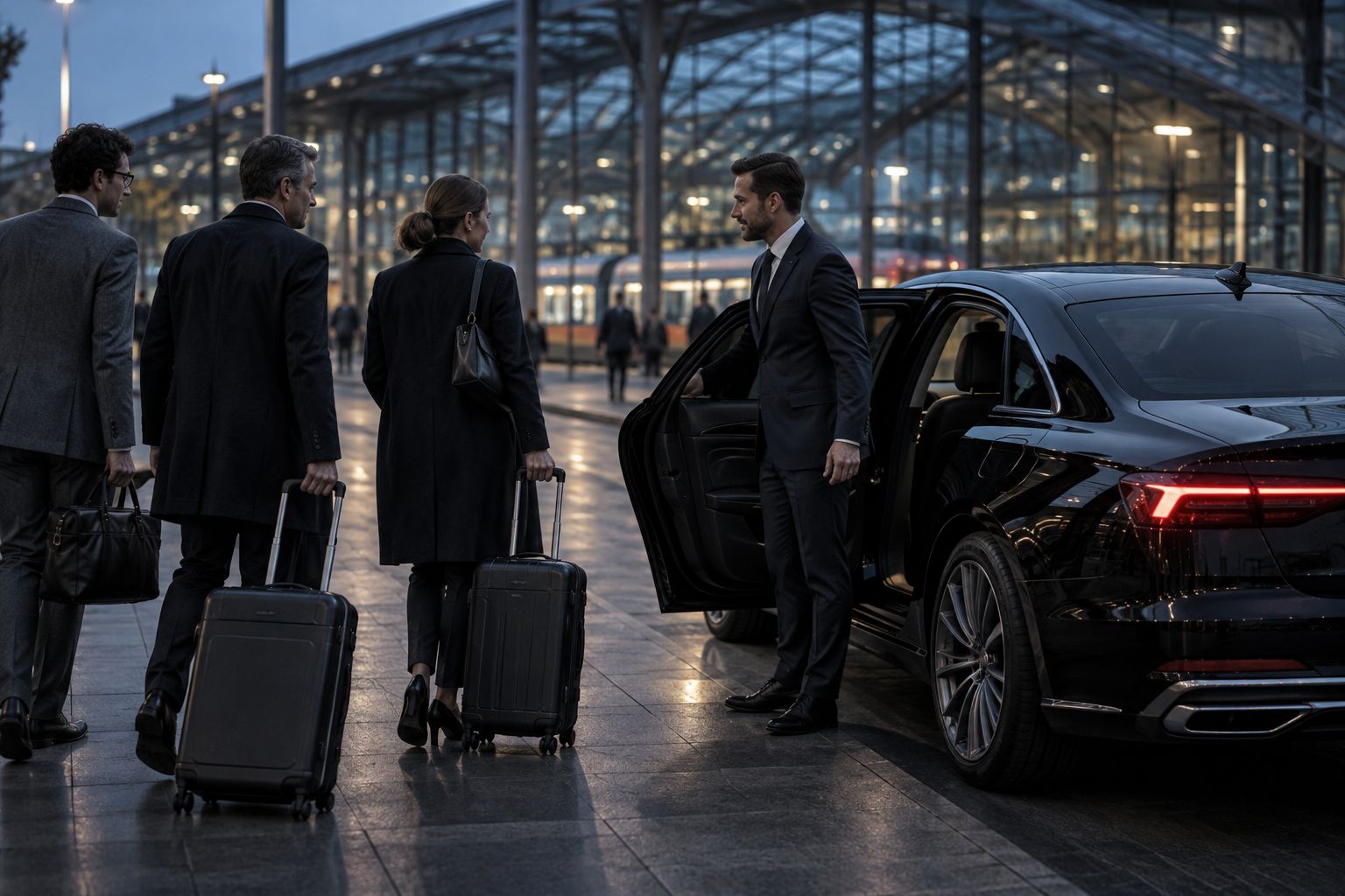 Chauffeur empfängt Reisende am Bahnhof