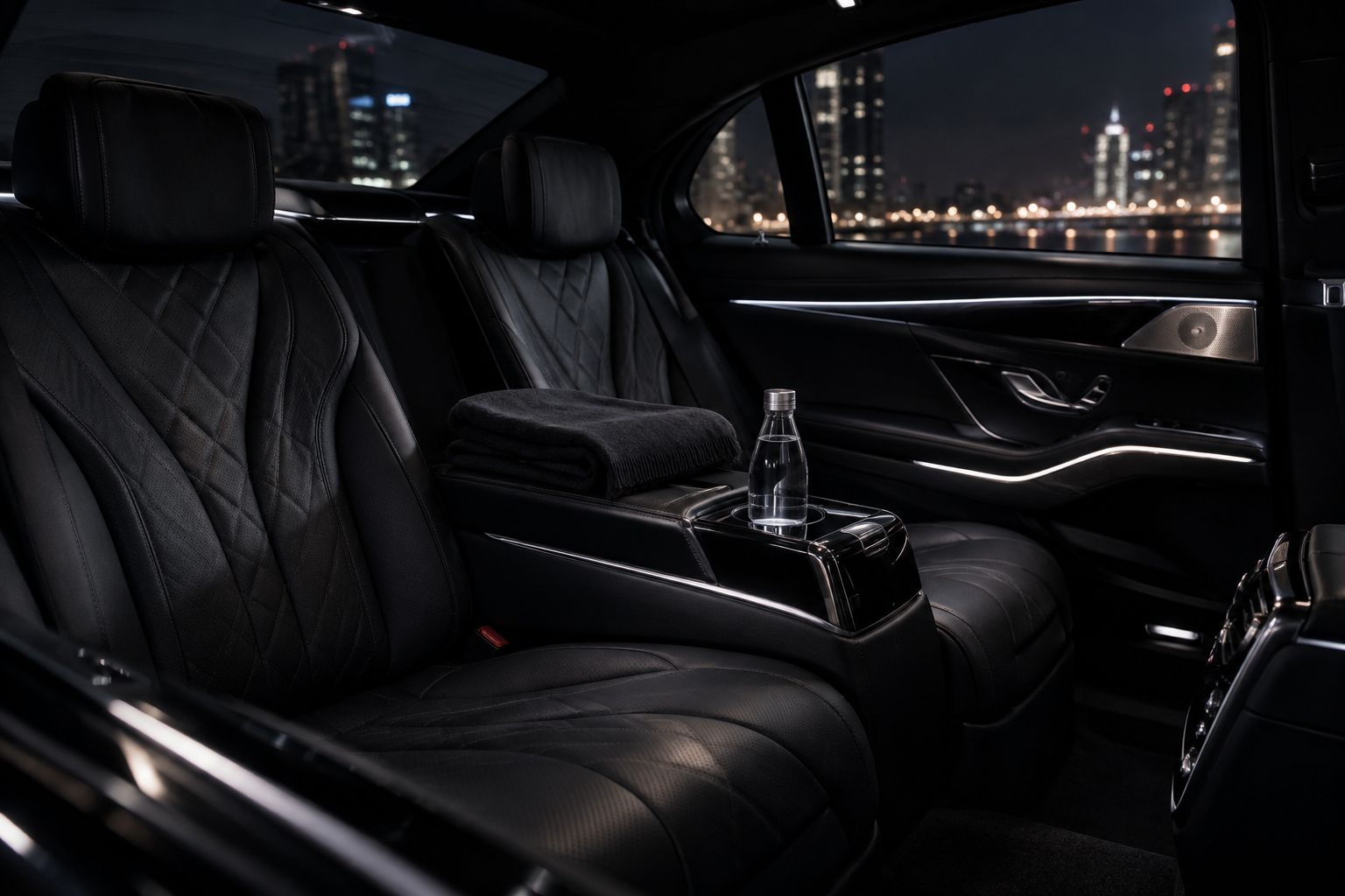 Fond einer Limousine mit Ledersitzen bei Nacht