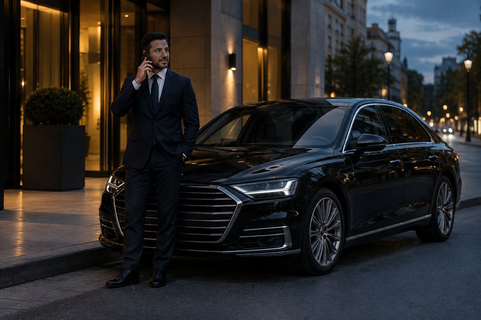 Chauffeur telefoniert neben der geparkten Limousine
