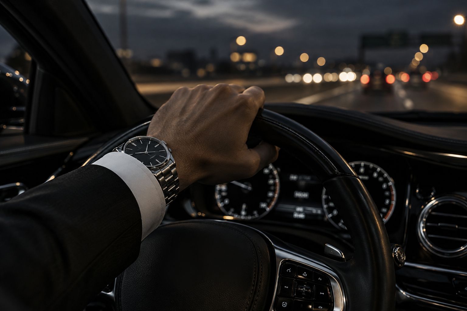 Hand mit Armbanduhr am Lenkrad