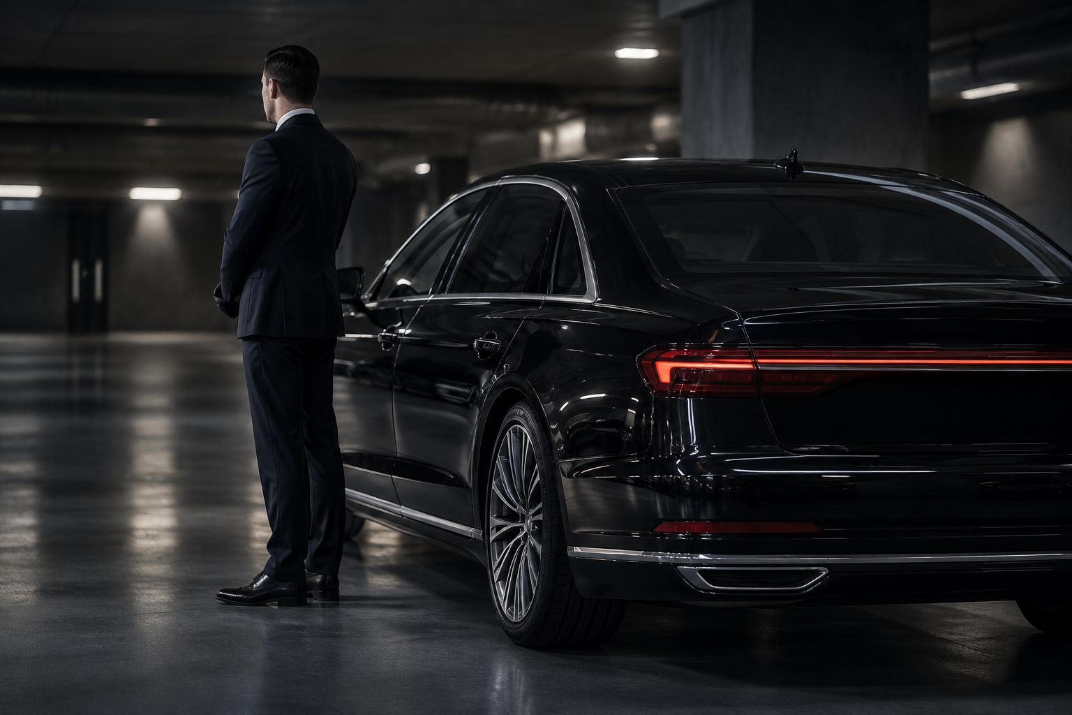 Chauffeur im Anzug neben einer schwarzen Limousine